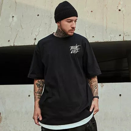 Camiseta Larga Masculina Oversized Manga Curta Com Estampa Do Alfabeto Inglês