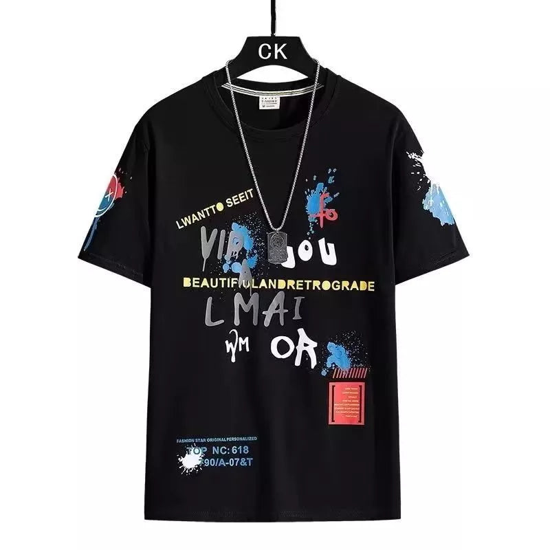M-XXXL Camiseta De Verão Masculina De Manga Curta Moda Coreana graffiti top Gráfico De Pescoço Redondo Masculino casual Tamanho Grande Solta Preta Branca Azul Roupas