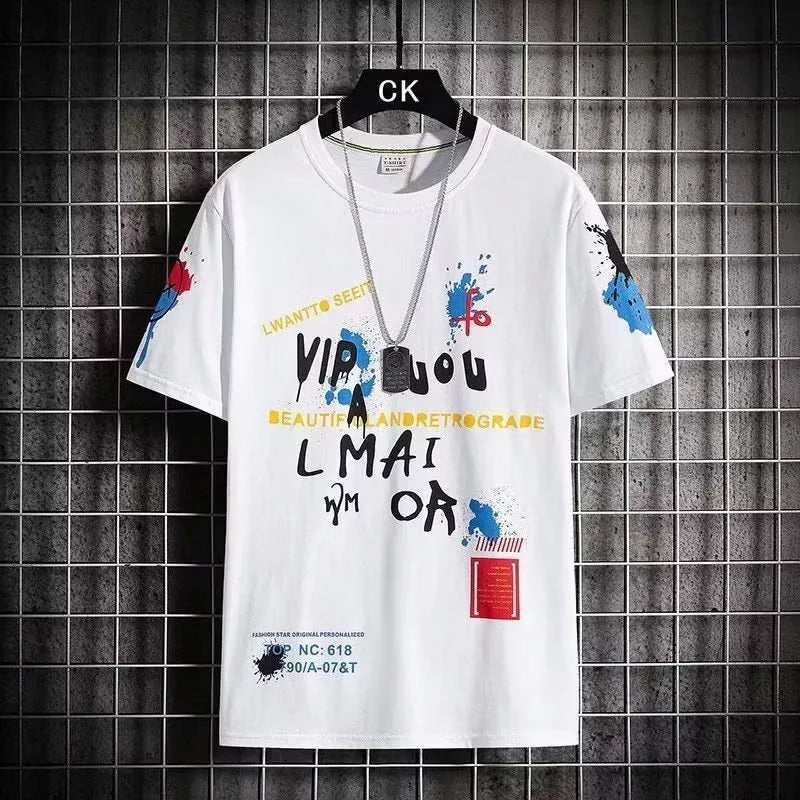 M-XXXL Camiseta De Verão Masculina De Manga Curta Moda Coreana graffiti top Gráfico De Pescoço Redondo Masculino casual Tamanho Grande Solta Preta Branca Azul Roupas