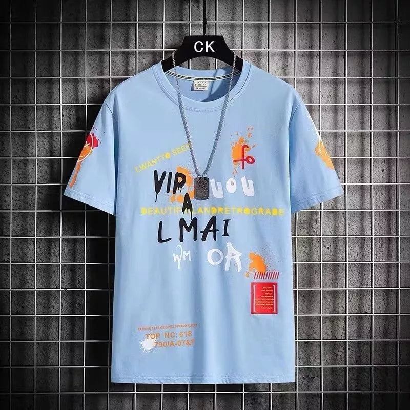 M-XXXL Camiseta De Verão Masculina De Manga Curta Moda Coreana graffiti top Gráfico De Pescoço Redondo Masculino casual Tamanho Grande Solta Preta Branca Azul Roupas