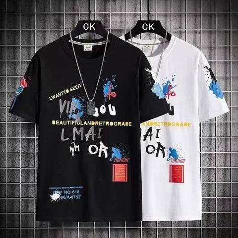 M-XXXL Camiseta De Verão Masculina De Manga Curta Moda Coreana graffiti top Gráfico De Pescoço Redondo Masculino casual Tamanho Grande Solta Preta Branca Azul Roupas